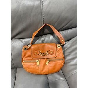 Cynthia Rowley Brown Leather Shoulder Bag Chain‎ Detail Zip Pockets Flap Closure